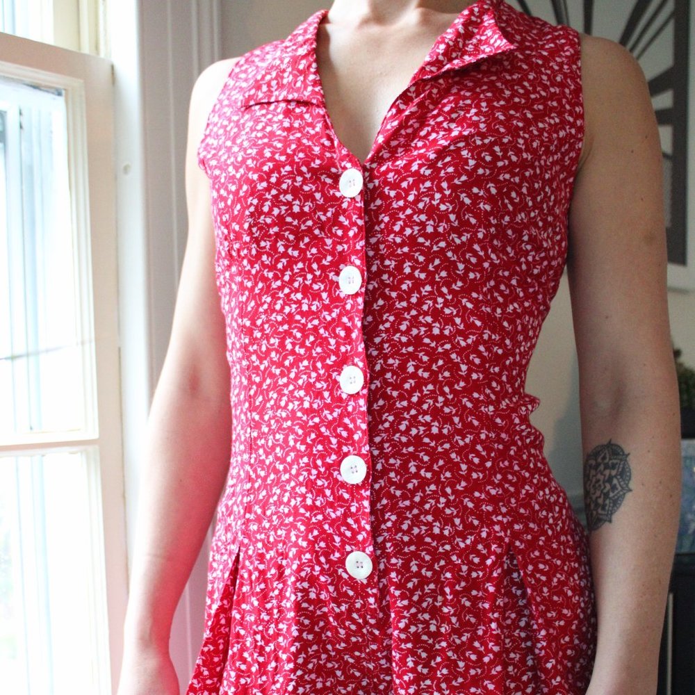 Fabulous 1990s Vintage Romper Red Tulip Pattern Button Front by Express